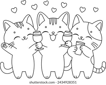 Three cute cats are drinking beer to celebrate coloring page. Doodle cartoon style.