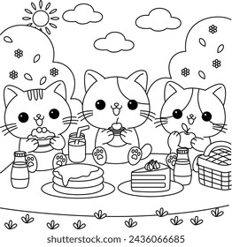 Tres lindos gatos van en una página para colorear de picnic.