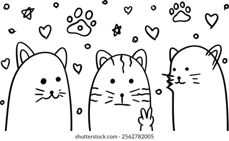 Three cute cats hearts paws stars surround them.	