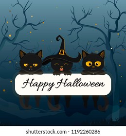 Three cute cats with the inscription happy Halloween. Night, landscape. Beautiful postcard, print, background. Vector illustration.