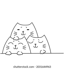 Three Cute cats. Kawaii Pets. Hand drawn minimalist style. For greeting card, poster, pet supplies store. Vector illustration. Black and white.