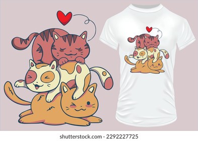 Three cute cats on top of each other. Vector illustration for tshirt, hoodie, website, print, application, logo, clip art, poster and print on demand merchandise.