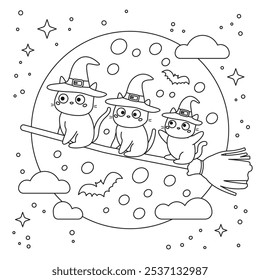 Tres lindos gatos en un sombrero de bruja vuela en un palo de escoba. Página de libro para colorear de Halloween para niños. El fondo del cielo nocturno con luna llena y estrellas. Gatitos kawaii. Ilustración vectorial en blanco y negro.