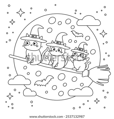 Three cute cats in a witch hat flies on a broomstick. Halloween coloring book page for kids. The night sky background with full moon and stars. Kawaii kittens. Black and white vector illustration.