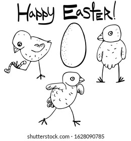 Three cute cheerful chicks. The chicken that runs, the chicken that caught and plays with the worm, and the chick that turns away and looks at the viewer. Line chicks in hand drawing style for Easter.