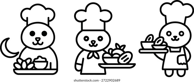 Tres lindos Chef Bunny con platos