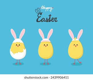 Three cute chicks with bunny ears happy easter. Vector illustration of a banner of funny chickens in the shape of an egg.