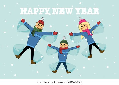 Three cute children playing  angel in the snow. Happy new year text, winter hollidays concept.