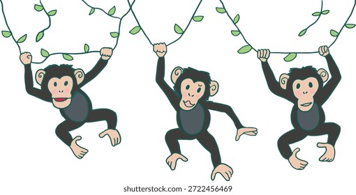 Tres personajes de dibujos animados chimpancés lindos que se balancean en las vides verdes, monos felices que juegan en la selva, Ilustración vectorial