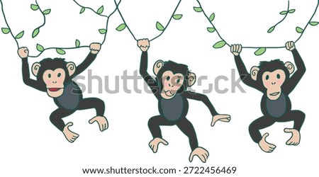 Three cute chimpanzee cartoon characters swinging on green vines, happy monkeys playing in the jungle, vector illustration