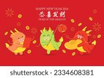Three cute chinese dragons holding chinese paper lantern, red envelope and sycee ingot with lucky coins in background. Lunar new year banner illustration, year of the dragon 2024 greetings card.