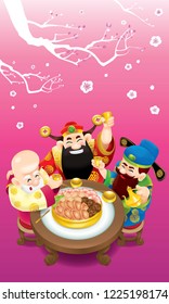 Three cute Chinese gods (represent long life, wealthy and career) are feasting cheerfully.