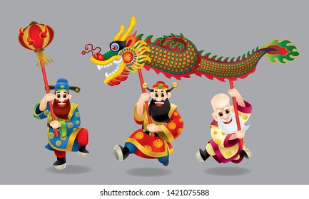 Three cute Chinese gods (represent long life, wealthy and career) are performing dragon dance. With different posts. Isolated.