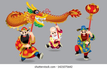 Three cute Chinese gods (represent long life, wealthy and career) are performing dragon dance. With different posts. Isolated.