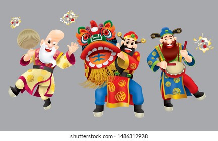 Three cute Chinese gods (represent long life, wealthy and career) performing traditional Chinese lion dance. Isolated. With different colors.