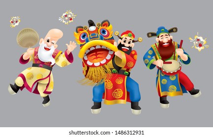 Three cute Chinese gods (represent long life, wealthy and career) performing traditional Chinese lion dance. Isolated. With different colors.