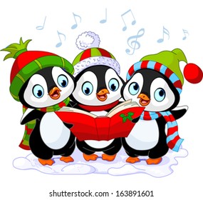 Three Cute Christmas Carolers Penguins