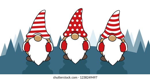 three cute christmas gnomes with funny caps cartoon vector illustration EPS10