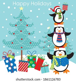 Three cute christmas penguin, tree and present for greeting card, christmas gift bag and box design