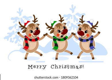 Three cute Christmas reindeer are dancing in the snow-covered forest. Christmas greetings. Vector illustration isolated on a white background.