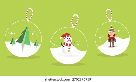 Three cute Christmas snowglobes featuring characters inside bright cheerful holiday setting