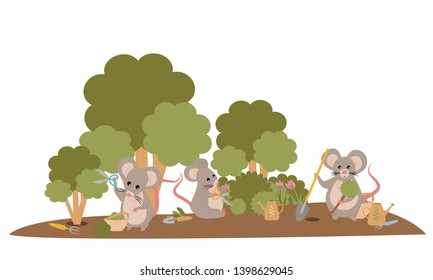 Three Cute chubby Mouse gardeners prune off excess fruit tree branches and plant new trees. Work in the garden. Vector illustration. 2020 on the Chinese calendar