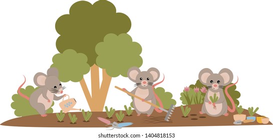 Three Cute chubby Mouse gardeners, digging the ground, planting plants and watering them. Work in the garden. Vector illustration. 2020 on the Chinese calendar
