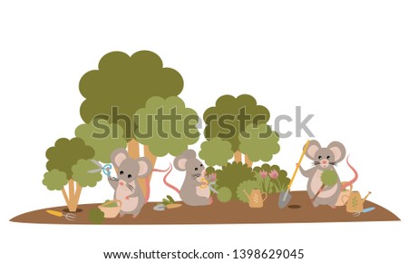 Three Cute chubby Mouse gardeners prune off excess fruit tree branches and plant new trees. Work in the garden. Vector illustration. 2020 on the Chinese calendar