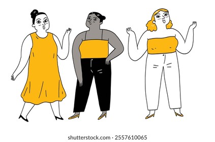 Three cute chubby women posing. Hand drawing vector illustration.