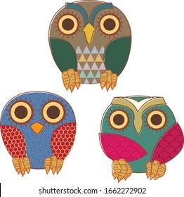 Three cute and colored little owls