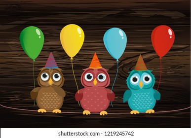 Three cute colored owls sitting on a rope and holding balloons. Valentine's Day and Birthday. Vector. Invitation for a holiday. Greeting card with empty space for labels or advertising.