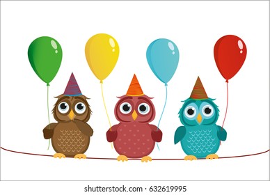 Three cute colored owls sitting on a rope and holding balloons. Valentine's Day and Birthday. Vector. Invitation for a holiday. Greeting card with empty space for labels or advertising.