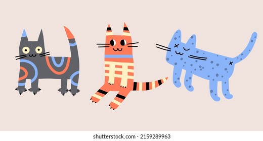 Three cute colorful cats. Hand drawn vector illustration. All elements are isolated.