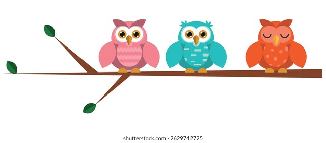 three cute and colorful owls on a tree branch. vector illustration