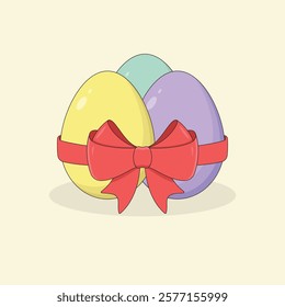 Three Cute Colourful Eggs Covered with a Red Ribbon and Bow. Easter Holiday Vector Illustration.