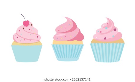 Three Cute Cupcakes with Pink Frosting and Sprinkles Illustration