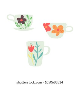 Three cute cups decorated with flowers. Hand drawn vector illustration.