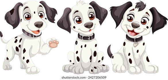 Three cute Dalmatian puppies in different poses.