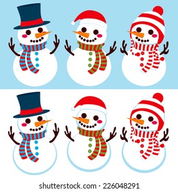 Three cute different happy snowmen wearing hats and scarfs in winter in two different background color versions