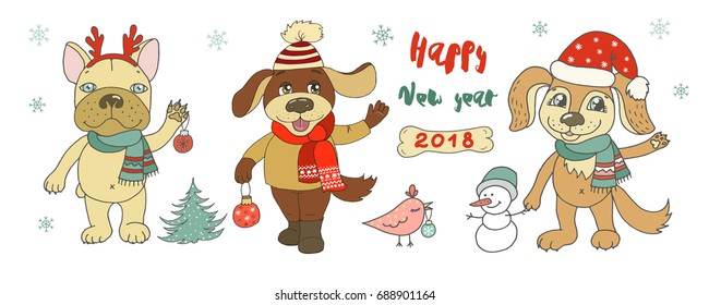 Three cute dogs, snowman and bird. Horizontal illustration size is on white background with snowflakes. Design for Christmas and Happy New year postcard, greeting card. Symbol of Chinese New Year 2018