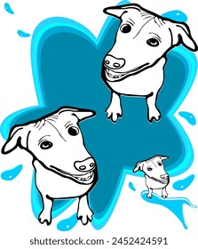 Three cute dogs, white, spraying water, text frame.