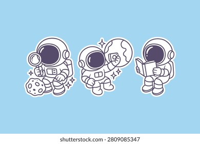 Three cute doodle style astronauts performing various space activities including scientific research photography and reading books in a minimal design