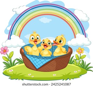 Three cute ducklings enjoying a sunny day outdoors