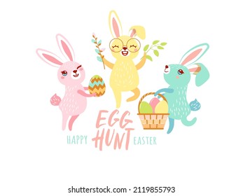 Three cute Easter bunnies on a white background. Lettering - Hunt for eggs, Happy Easter. Vector illustration.