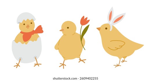Three cute Easter chicks, one in an eggshell, one with a flower, and one with bunny ears. Represents spring holiday, festive fun and joyful celebration in a playful and charming style