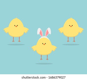 Three cute Easter Chicks.  Vector illustration isolated on blue background. 