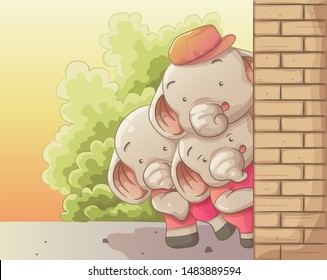 three cute elephants peeking something together. vector hand drawn cartoon art style.