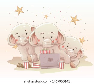 three cute elephants watching movie together on laptop. vector cartoon hand drawn