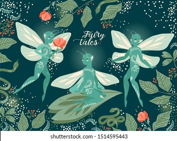 Three cute fairies in the magical forest, vector illustration