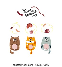 Three cute fat cats dream of meat products: sausages, wieners, chicken legs and hams. Funny illustration.